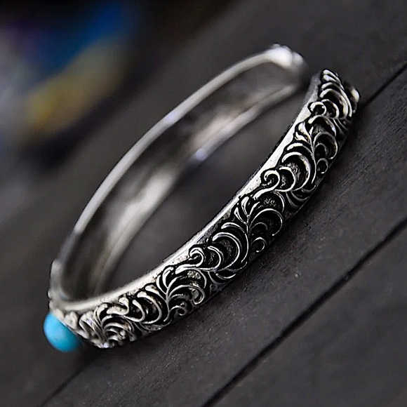 Sterling Silver Turquoise Engraved Bangle Cuff Vintage Bracelet - Picture 4 of 9